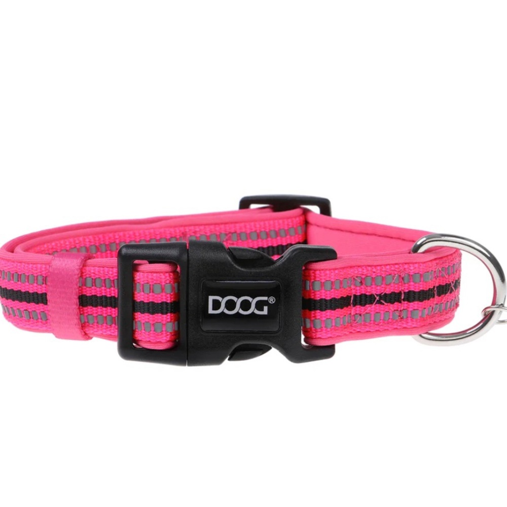 Doog Reflective Nylon Neoprene Padded Dog Collar Neon Pink Size XS